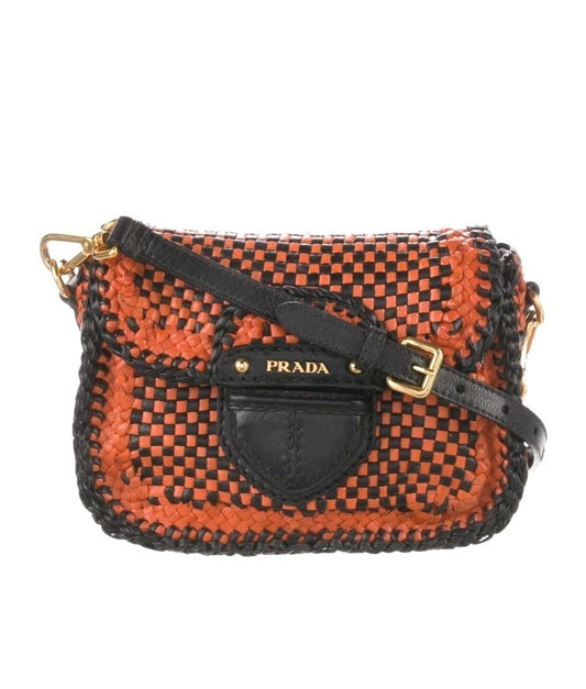 PRADA - Pushlock Flap Madras Woven Leather Crossbody Shoulder Bag